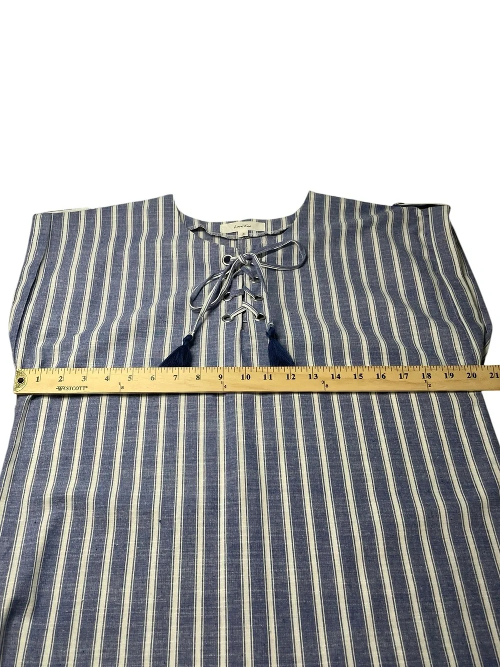 Love Tree Blue White Striped Lace-Up Tunic Dress Sz L Lightweight Cotton Blend